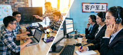 公司技术团队与客服支持中心工作场景